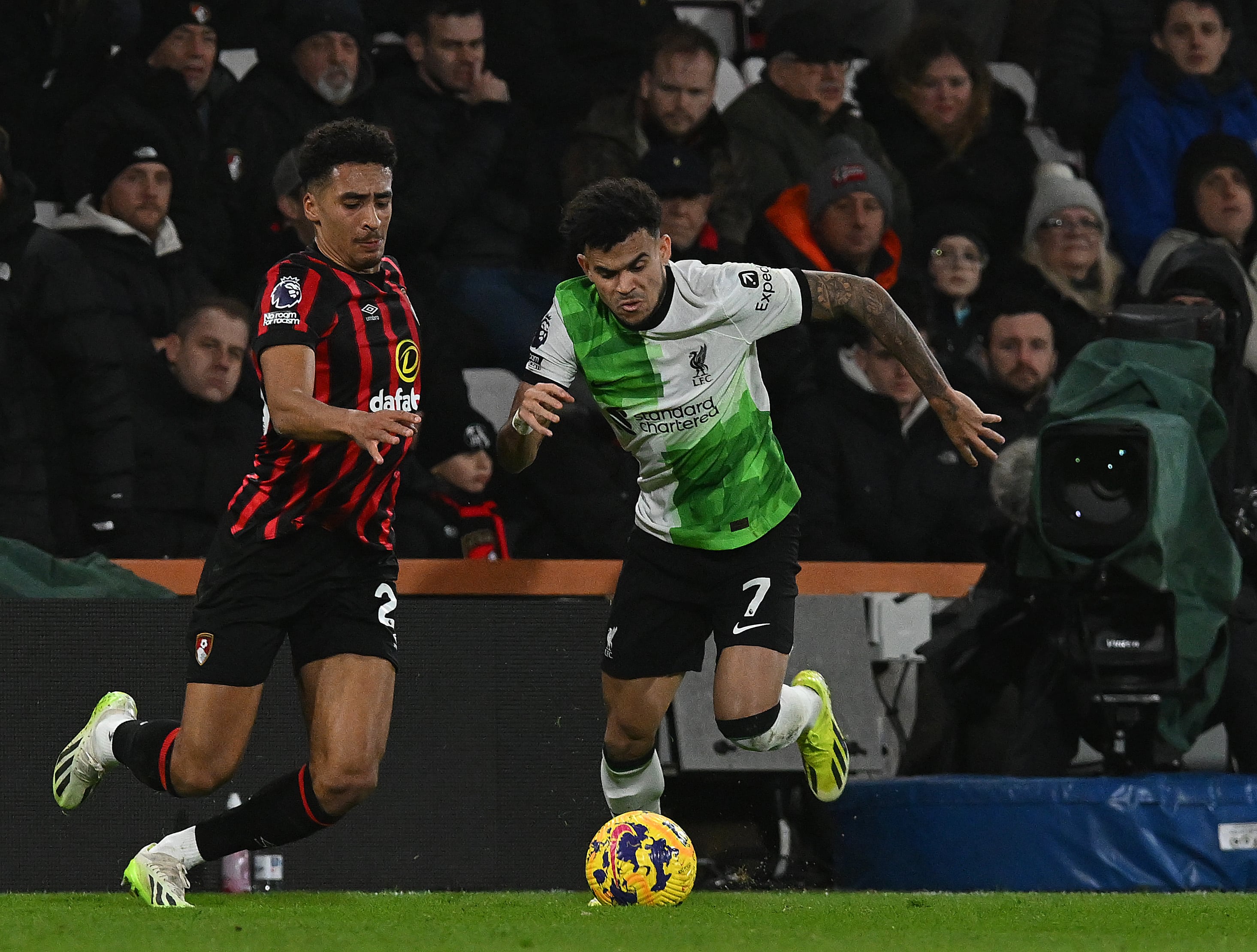 Luis Díaz durante el partido del Liverpool ante el Bournemouth.. (Photo by John Powell/Liverpool FC via Getty Images)