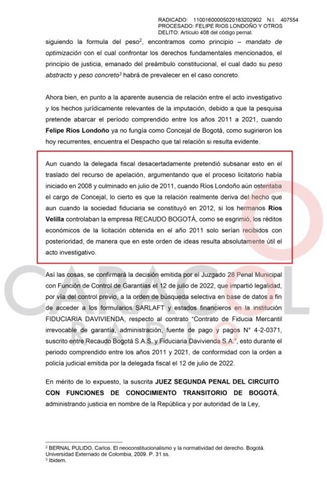 Auto del juez que avala prueba que sería clave en la investigación por el escándalo del contrato de adjudicación a Recaudo Bogotá