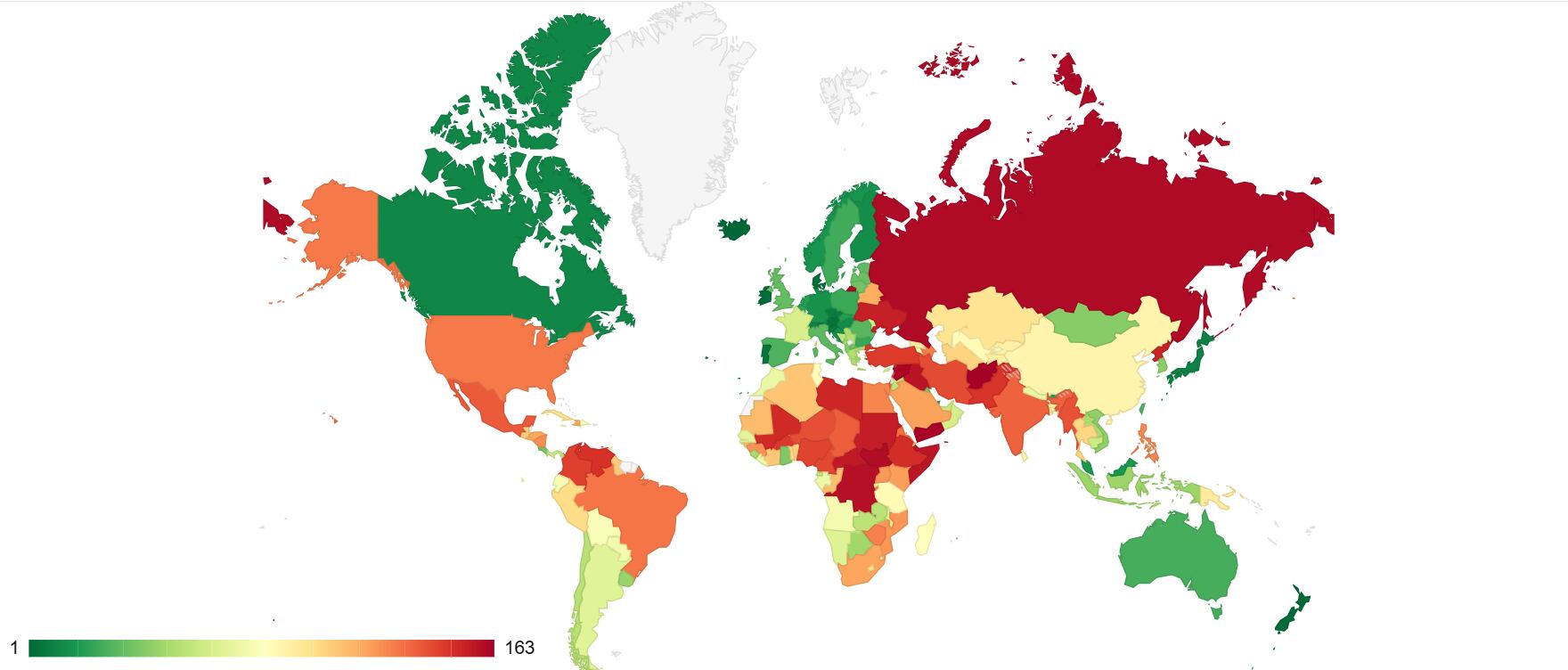 Mapa de la situación de paz durante 2022 en el planeta.
(Foto: Ranking del Índice de Paz Global 2022 )