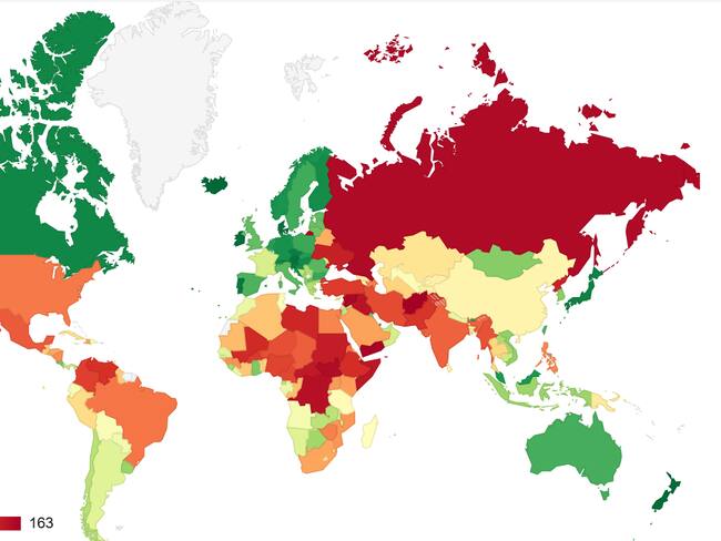 Mapa de la situación de paz durante 2022 en el planeta.
(Foto: Ranking del Índice de Paz Global 2022 )