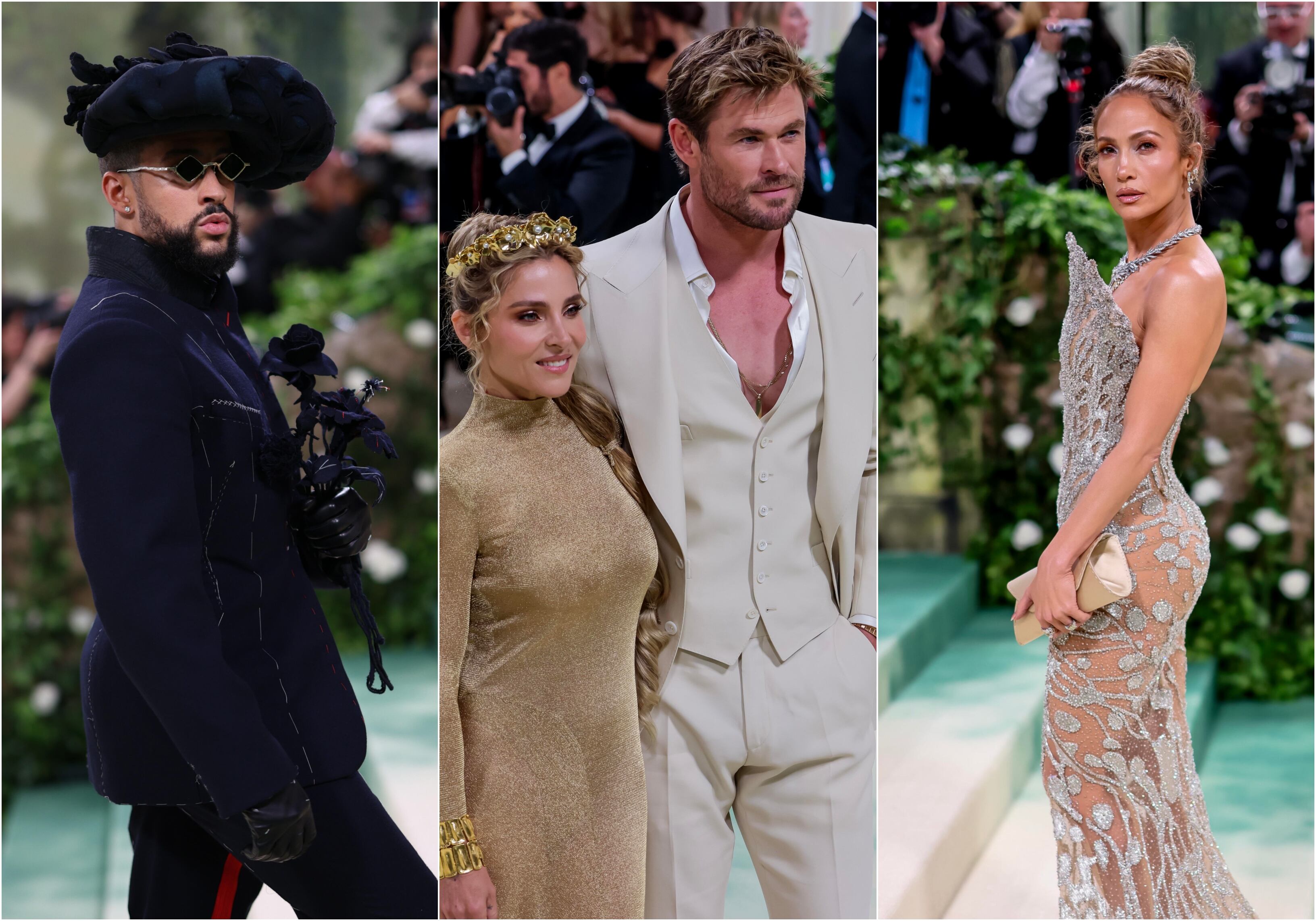 Bad Bunny, Elsa Pataky, Chris Hemsworth y Jennifer López en la alfombra verde de la Met Gala. / Vía: EFE