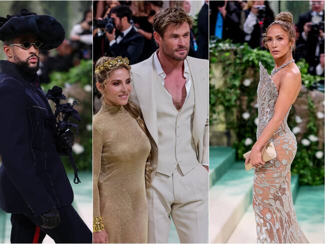 Bad Bunny, Elsa Pataky, Chris Hemsworth y Jennifer López en la alfombra verde de la Met Gala. / Vía: EFE