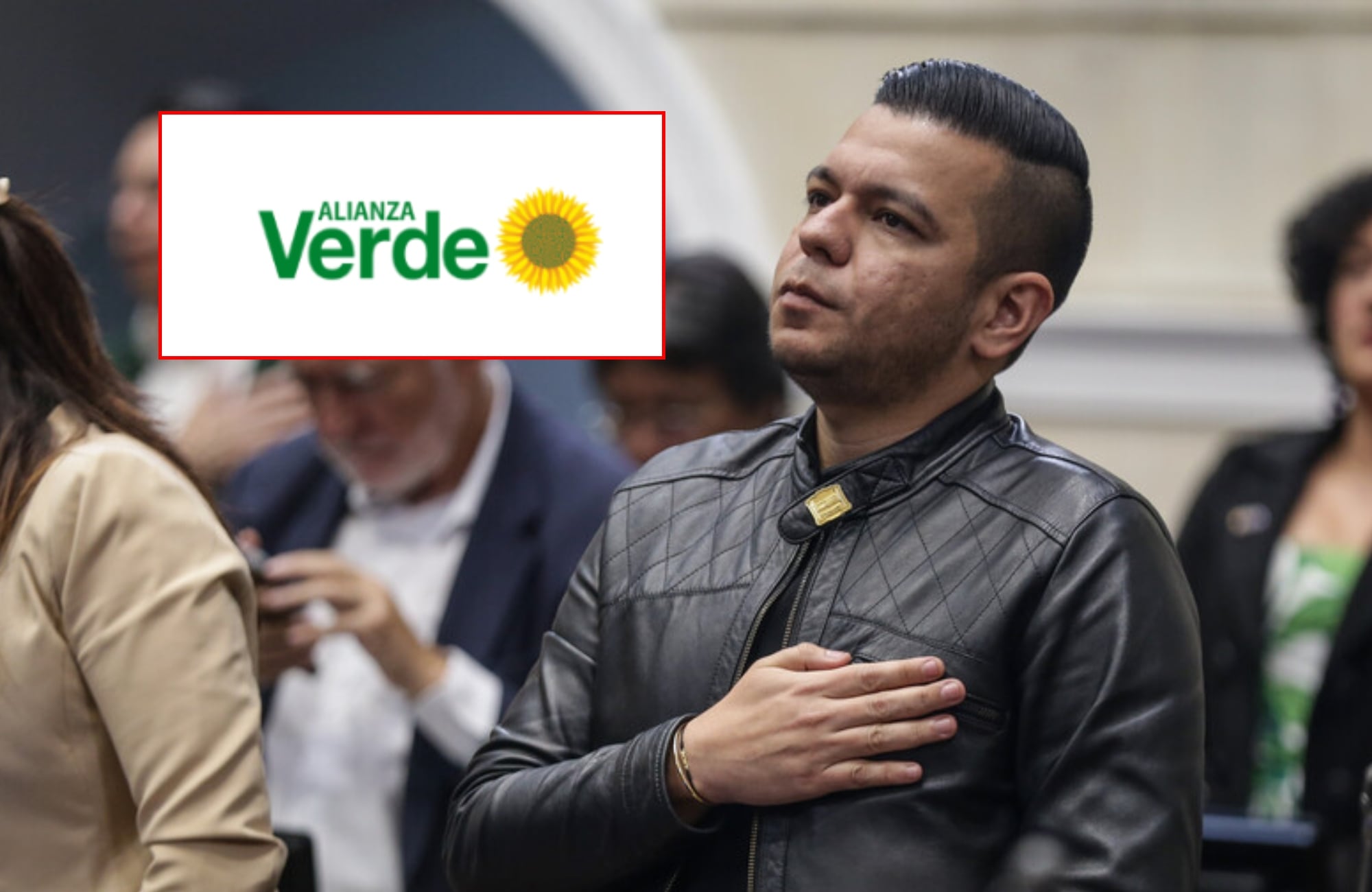 Jota Pe Hernández y logo de la Alianza Verde. Fotos: (Colprensa - Catalina Olaya) /  X Alianza Verde
