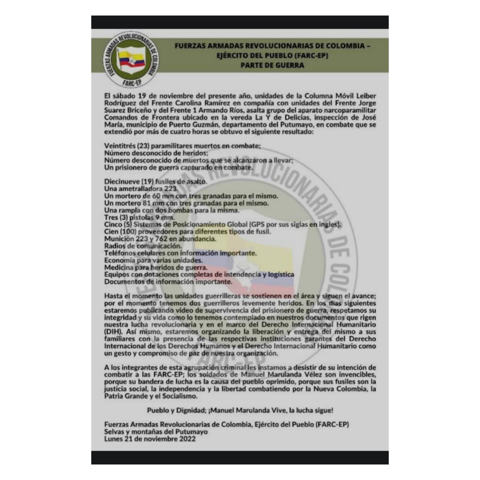 Durante los enfrentamientos dos disidentes resultaron heridos según el reporte.