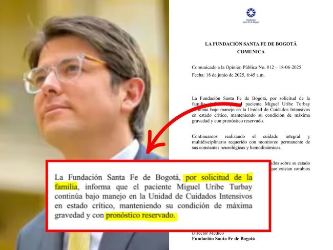 Miguel Uribe en el Senado y, al lado, parte médico de la Fundación Santa Fe con resaltados en términos 'por solicitud de la familia' y 'pronóstico reservado'. Foto: Prensa Senado; Comunicado oficial Fundación Santa Fe.