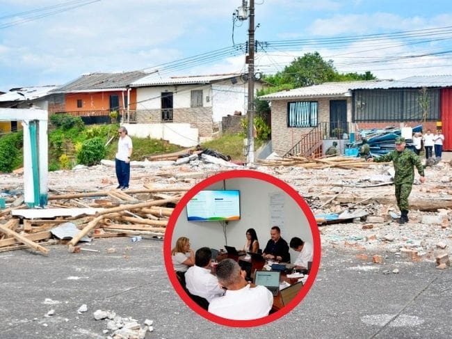 Ruinas por el terremoto en Caldas y junta de Inficaldas reunida evaluando envío de recursos. Foto: Gobernación de Caldas.