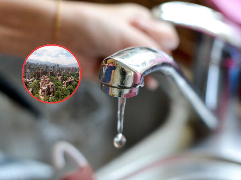 Una persona cerrando un grifo y l lado una vista panorámica de la ciudad de Medellín (Fotos vía Getty Images)