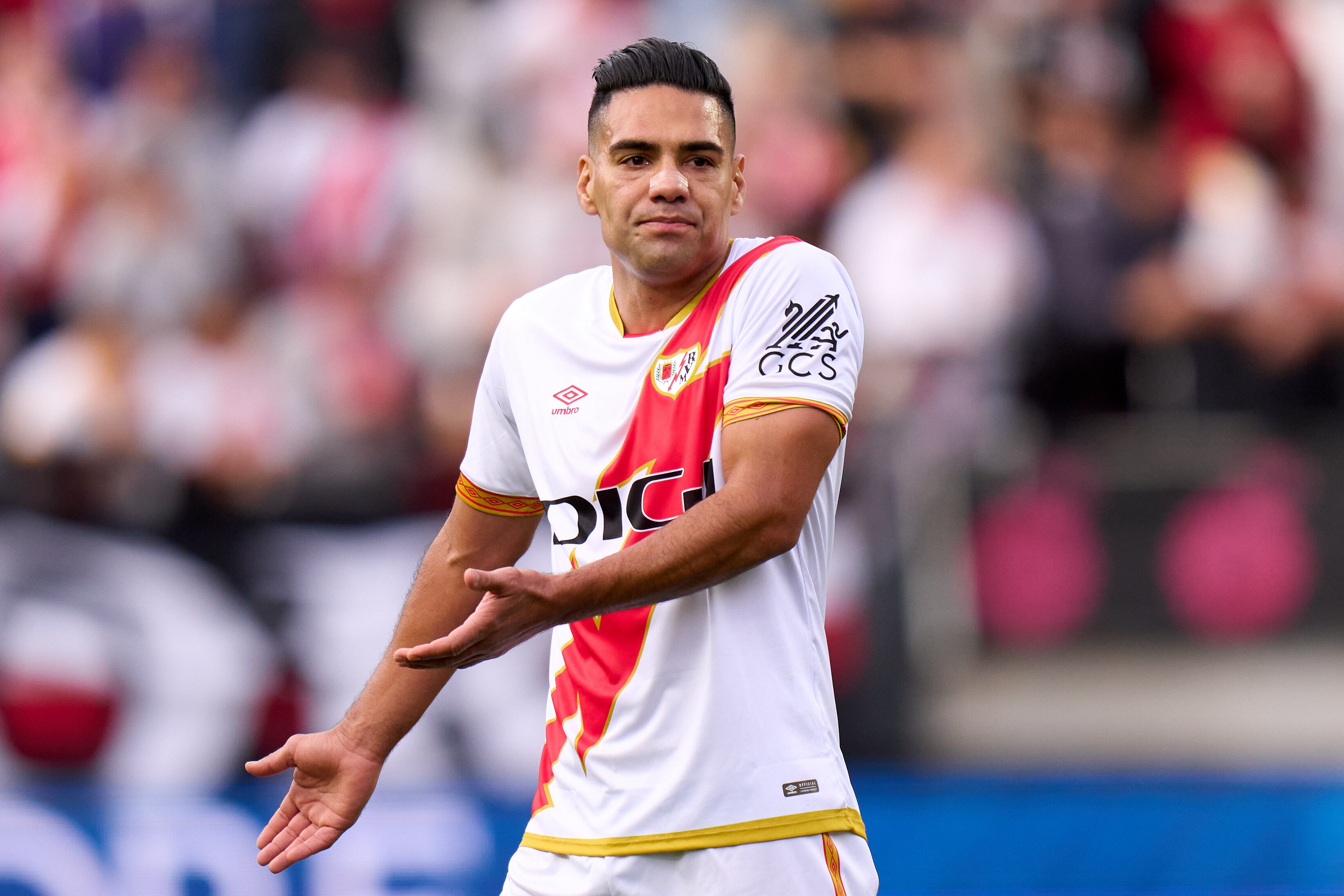 Radamel Falcao of Rayo Vallecano reacts during the LaLiga EA Sports match between Rayo Vallecano and Girona FC at Estadio de Vallecas on November 11, 2023 in Madrid, Spain. (Photo by Angel Martinez/Getty Images)