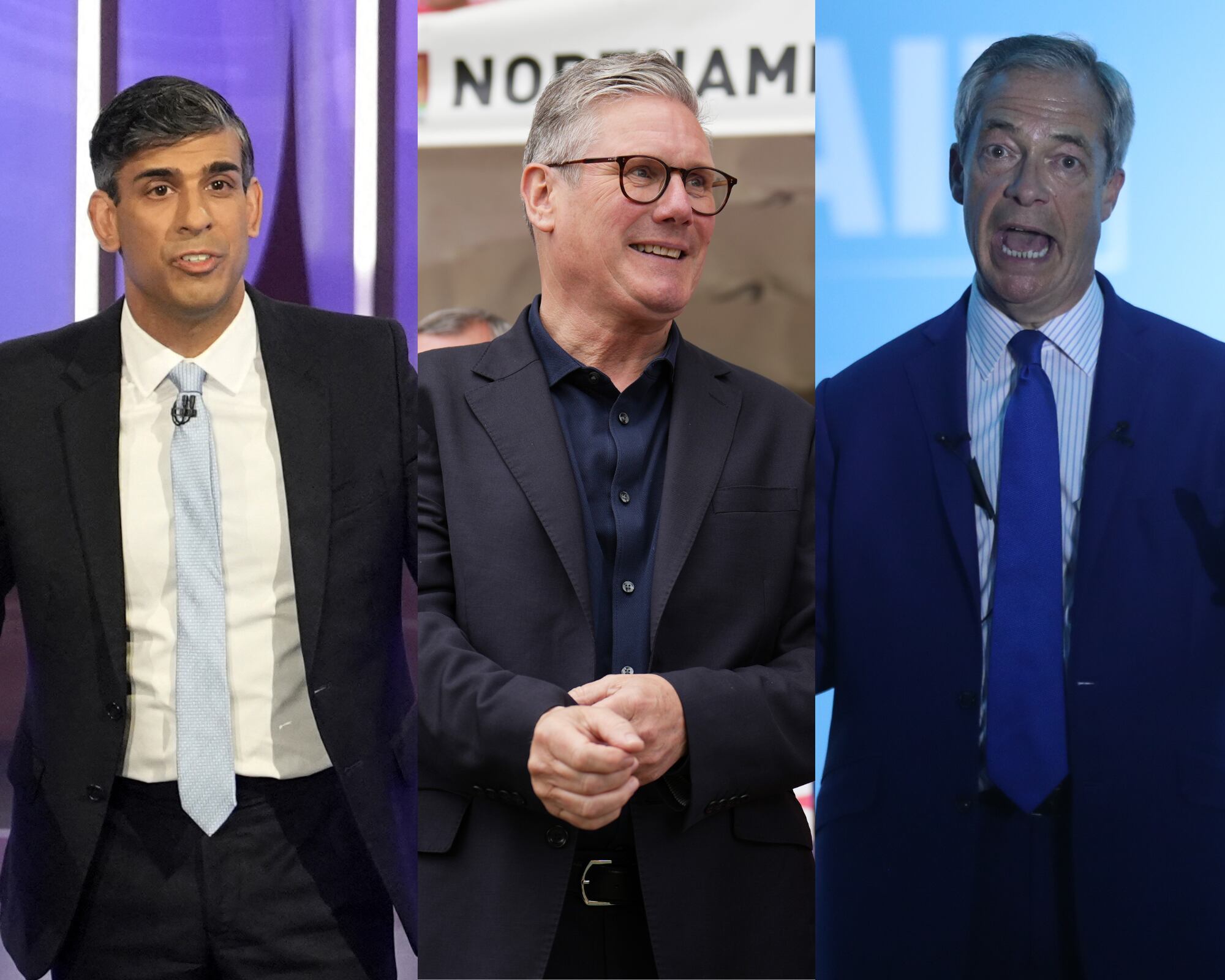 De izquierda a derecha, los líderes británicos: Rishi Sunak (primer ministro conservador), Keir Starmer (líder laborista) y Nigel Farage (euroescéptico líder del Brexit). 
(Foto: Getty / Caracol Radio)