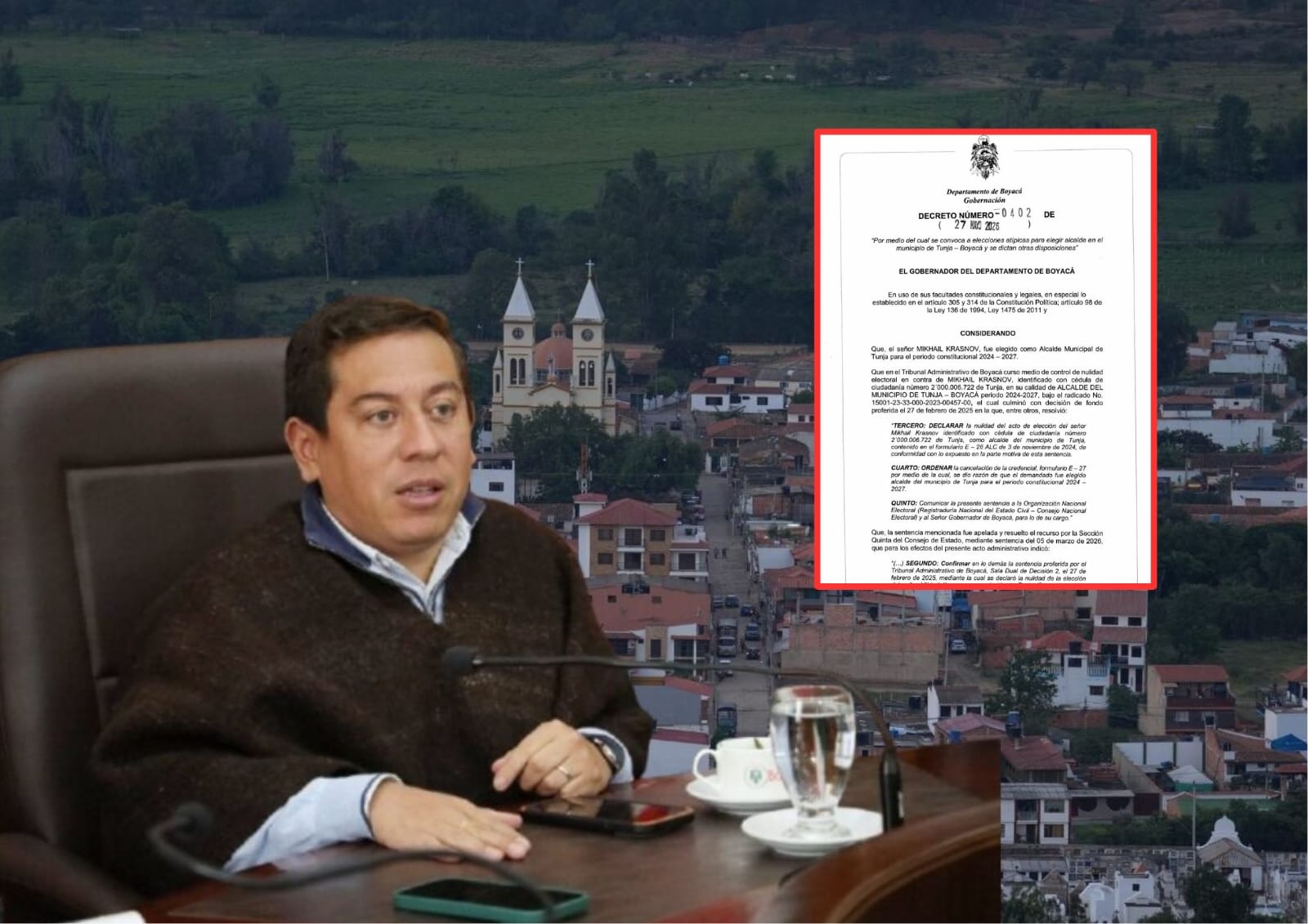 A través del Decreto No. 0402 del 27 de mayo de 2026, el gobernador de Boyacá, Carlos Amaya, convoca a elecciones atípicas para la Alcaldía de Tunja el próximo 26 de julio de 2026.