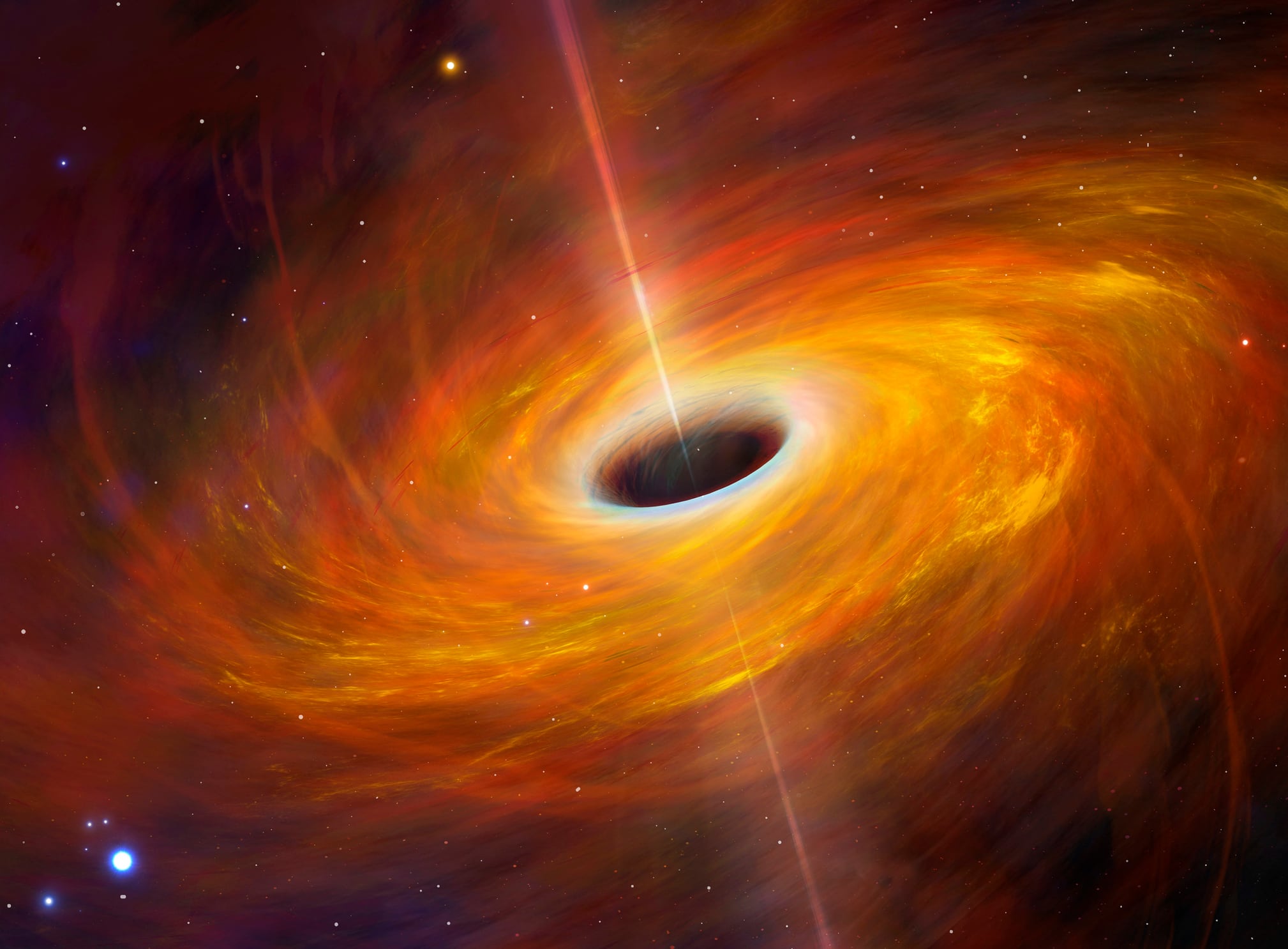 A black hole is an object so compact - usually a collapsed star - that nothing can escape its gravitational pull. Not even light. On Earth an object needs to be launched with a speed of 11 km s if it is to escape the planets gravity and go into orbit. But the escape velocity of a black hole exceeds the speed of light. Since nothing can travel faster than this ultimate speed, black holes suck in everything including light, which make them utterly dark and invisible. In this image, we can see a black hole, but only because it is surrounded by a superheated disc of material, an accretion disc. The closer to the hole the material gets, the more and more of its light is captured, which is why the hole grows darker towards its centre.