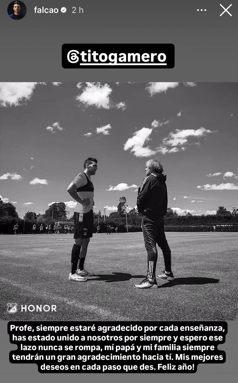 Captura de pantalla del mensaje de Falcao a Alberto Gamero / Instagram: Falcao
