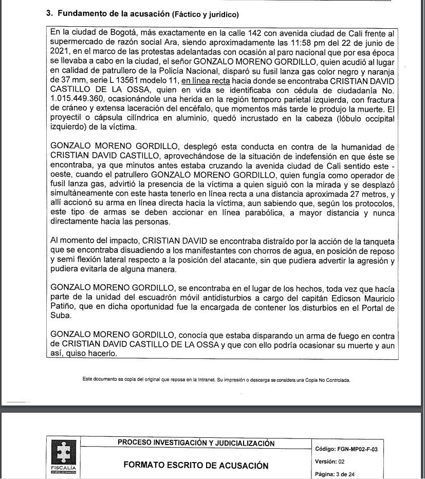 La Fiscalía llamó a juicio el patrullero de la Policía Gonzalo Moreno Gordillo, como presunto responsable del asesinato del joven Cristian David Castillo, durante una protesta del 2021 en Bogotá.