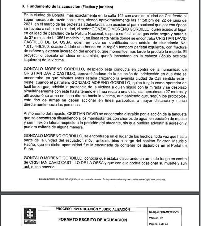La Fiscalía llamó a juicio el patrullero de la Policía Gonzalo Moreno Gordillo, como presunto responsable del asesinato del joven Cristian David Castillo, durante una protesta del 2021 en Bogotá.