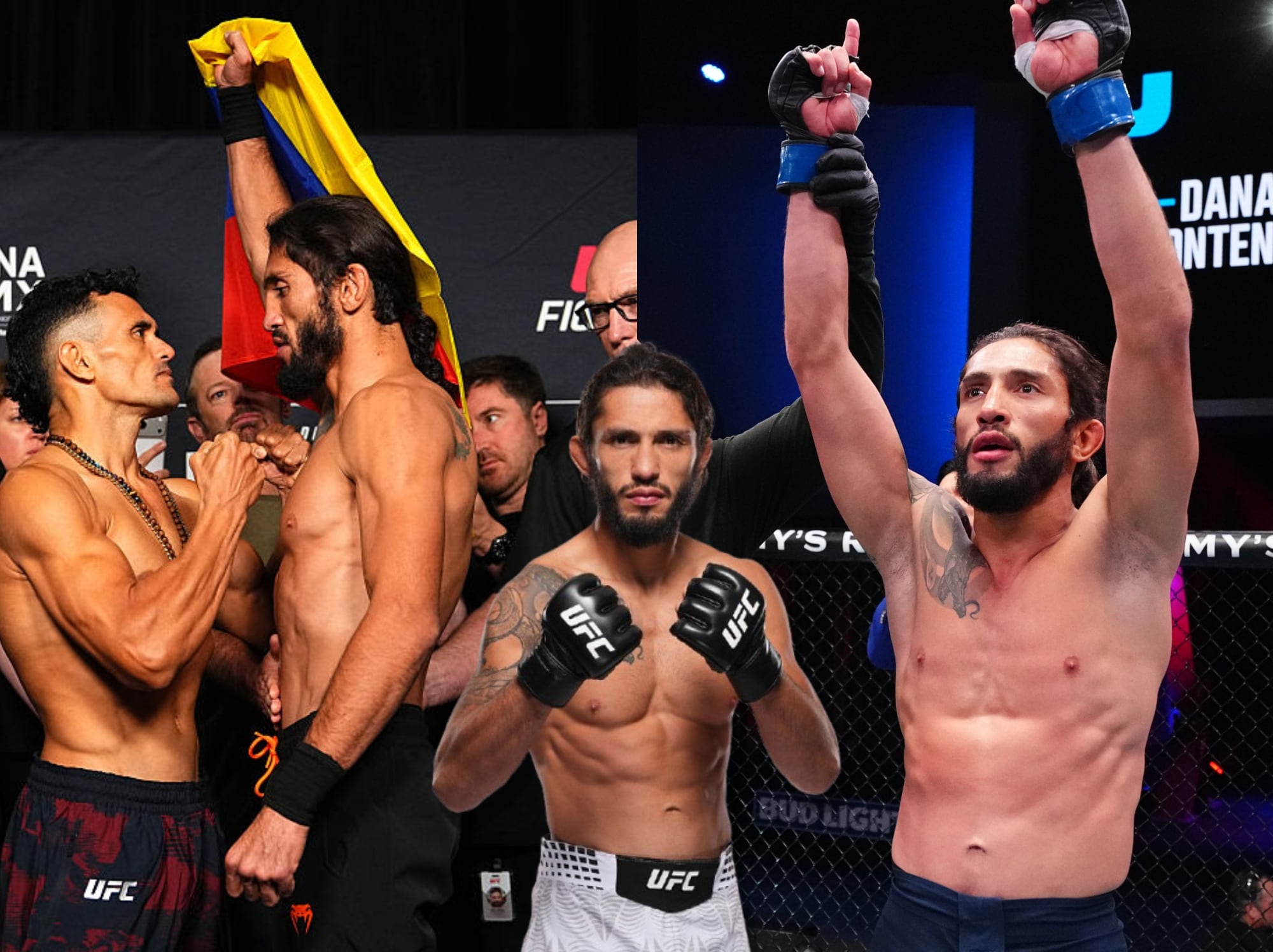 Javier Reyes en su cara a cara con Douglas Silva (derecha). Javier Reyes en las fotos previas a su debut en UFC (centro). Javier Reyes tras ganar su combate en la Dana White Contender Series (izquierda). Fotos: Getty Images.