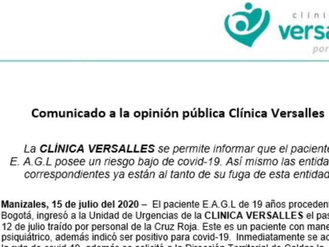 Clínica Versalles explica lo sucedido con paciente que se fugó