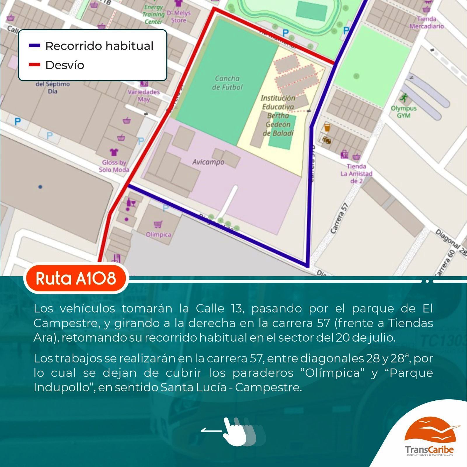 Transcaribe activa desvío en la ruta A108 por trabajos de Aguas de Cartagena