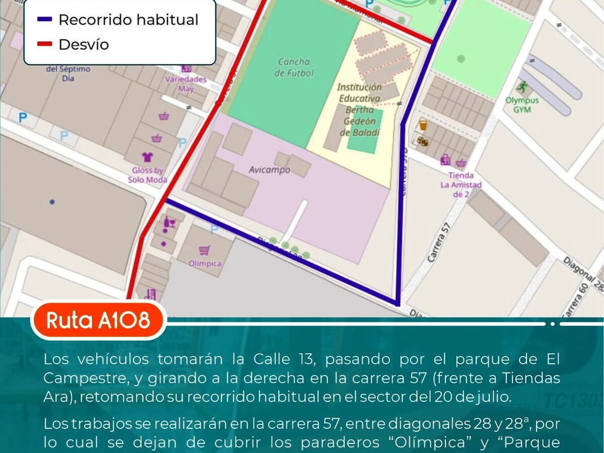 Transcaribe activa desvío en la ruta A108 por trabajos de Aguas de Cartagena