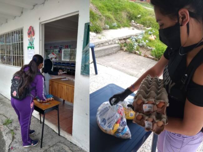 Madres reciben los alimentos del PAE para sus hijos en la Institución Educativa Departamental La Plazuela, de Cogua.
