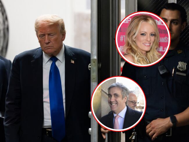 El expresidente Donald Trump. En el círculo superior, la ex actriz porno, Stormy Daniels y en el círculo inferior, el ex abogado de Trump, Michael Cohen.
(Foto: Caracol Radio / Getty )