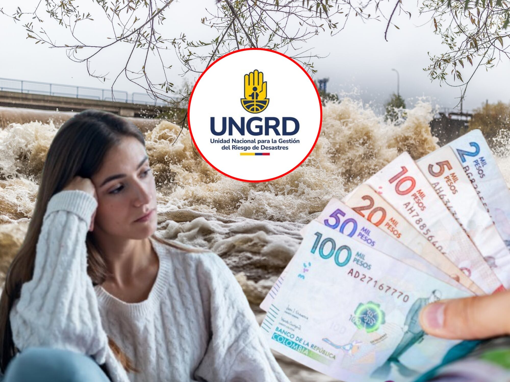 Imágenes de referencia de inundaciones y dinero Colombia, logo de la UNGRD. Fotos: Getty Images / X @UNGRD