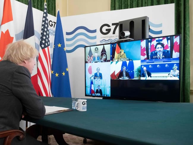 El primer ministro inglés, Boris Johnson, durante la reunión virtual del G7. 