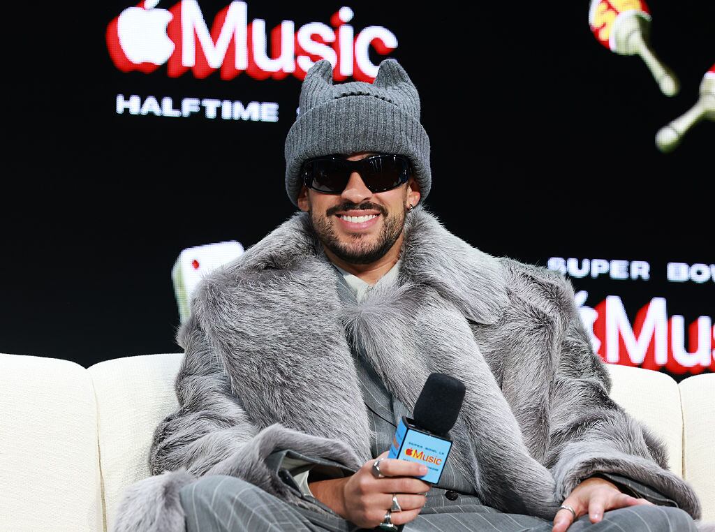 SAN FRANCISCO, CALIFORNIA - FEBRUARY 05: Bad Bunny appears onstage during the Super Bowl LX Pregame & Apple Music Super Bowl LX Halftime Show Press Conference at Moscone Center West on February 05, 2026 in San Francisco, California. (Photo by Kevin Mazur/Getty Images for Roc Nation)
