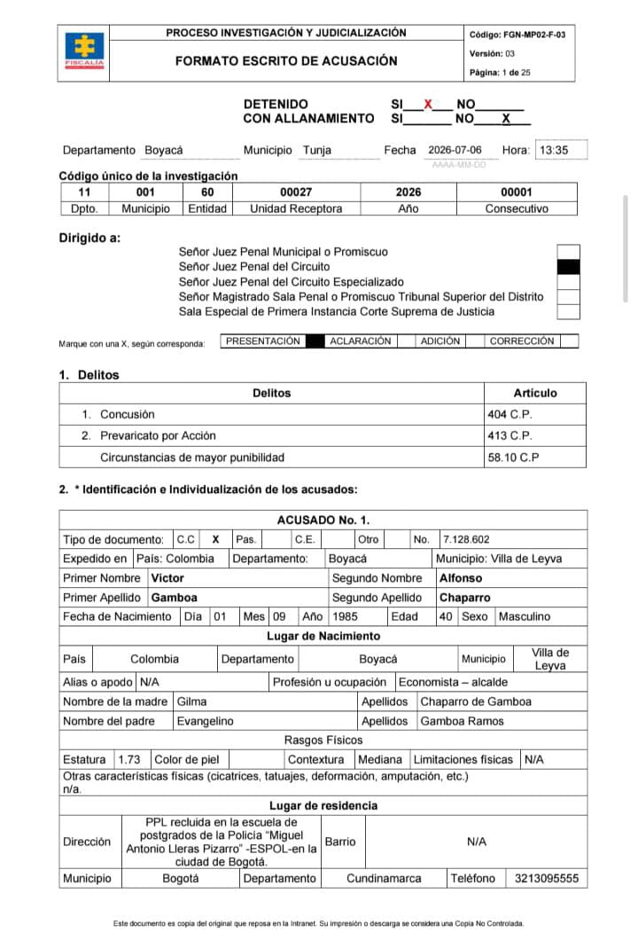 Escrito de acusación contra Víctor Alfonso Gamboa.