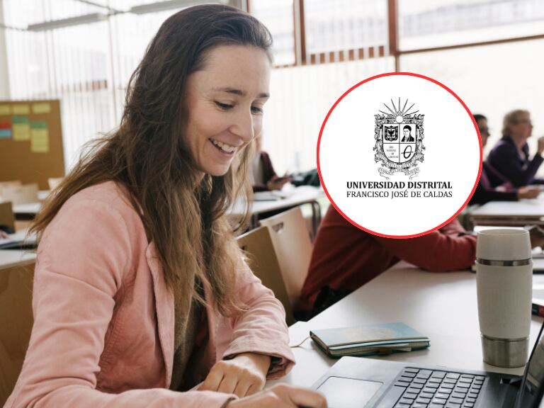 Personas en un aula de clases universitario y de fondo el logo de la Universidad Distrital (Fotos vía Getty Images y sitio web de la Universidad Distrital)