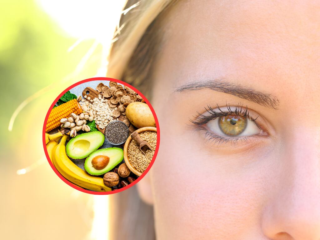 medio rostro de una mujer y al lado alimentos de diferentes categorías (Fotos vía Getty Images)