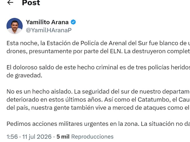 Post Yamil Arana en X. // Captura de pantalla
