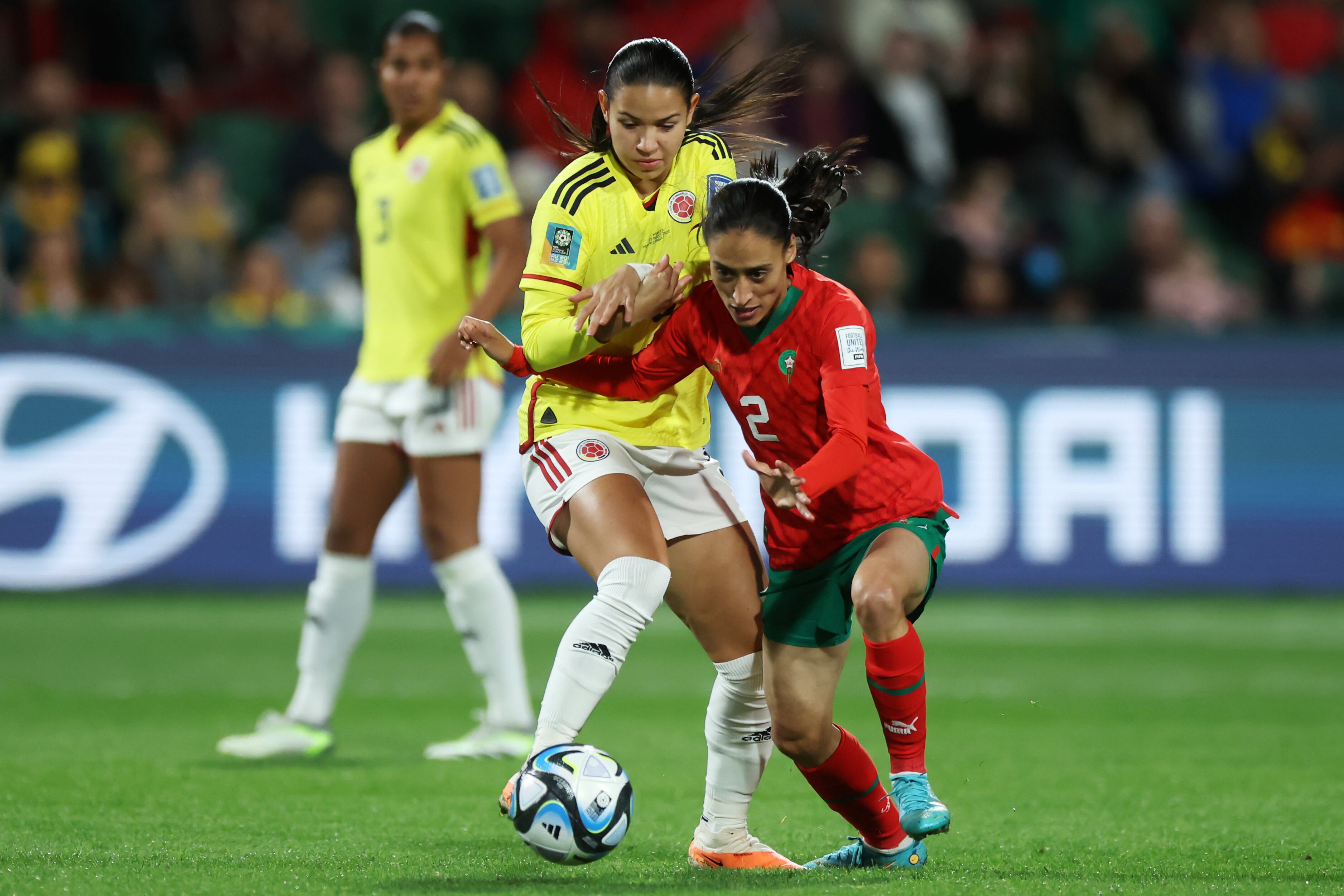PERTH, AUSTRALIA - AUGUST 03: Zineb Redouani of Morocco and Lorena Bedoya Durango of Colombia compete for the ball during the FIFA Women's World Cup Australia & New Zealand 2023 Group H match between Morocco and Colombia at Perth Rectangular Stadium on August 03, 2023 in Perth, Australia. (Photo by Alex Grimm - FIFA/FIFA via Getty Images)