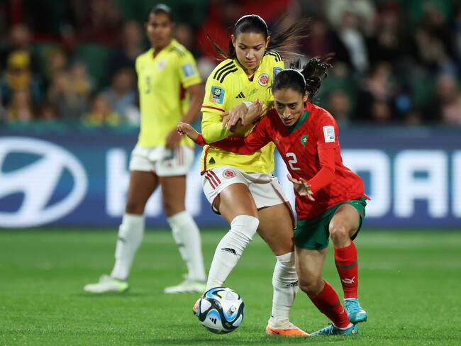 PERTH, AUSTRALIA - AUGUST 03: Zineb Redouani of Morocco and Lorena Bedoya Durango of Colombia compete for the ball during the FIFA Women's World Cup Australia & New Zealand 2023 Group H match between Morocco and Colombia at Perth Rectangular Stadium on August 03, 2023 in Perth, Australia. (Photo by Alex Grimm - FIFA/FIFA via Getty Images)