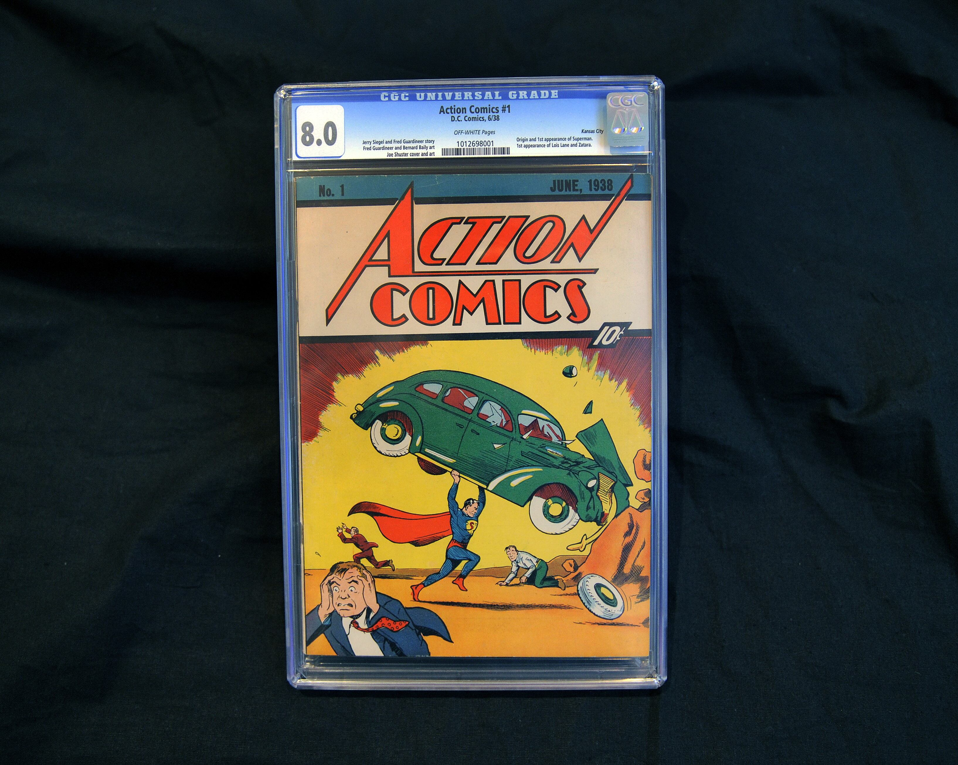 Action Comics #1 comic book of 1938 is pictured on February 23, 2010 in New York which had sold for USD 1 million, making it the first ever million dollar comic book. It was Action Comics #1 that introduced Superman to the world. There are estimated to be only about 100 copies of the comic book in existence.  AFP PHOTO / TIMOTHY A. CLARY / AFP PHOTO / TIMOTHY A. CLARY        (Photo credit should read TIMOTHY A. CLARY/AFP via Getty Images)
