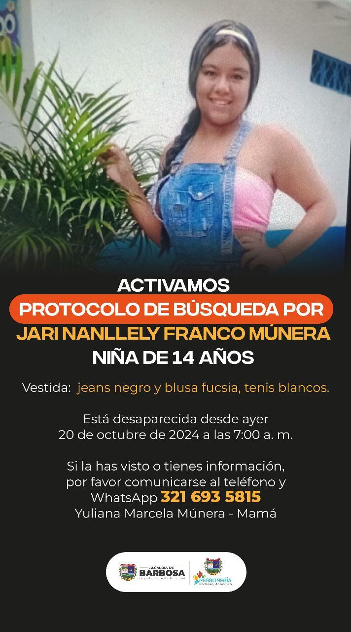 Jari Nanllely Franco desaparecida en Barbosa. Foto: Cortesía