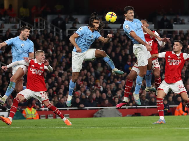 LONDON, ENGLAND - FEBRUARY 15:  Nathan Ake of Manchester City heads towards goal during the Premier League match between Arsenal FC and Manchester City at Emirates Stadium on February 15, 2023 in London, England. (Photo by Julian Finney/Getty Images)