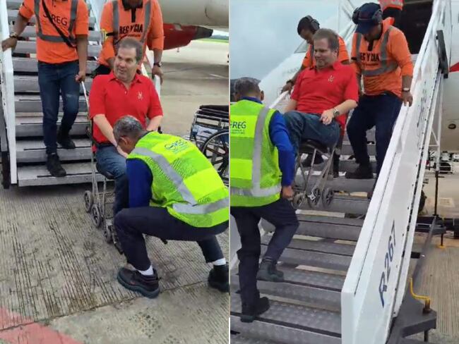 Momento en que una persona en condición de discapacidad es auxiliada para abordar un avión./ Foto: Tomado de video