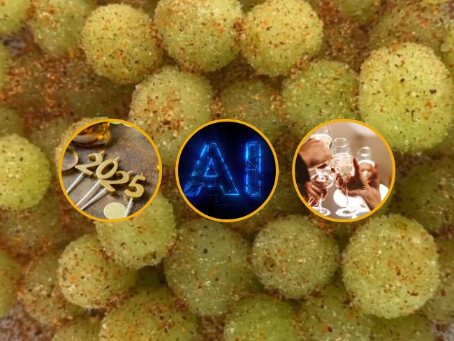 2025, Año Nuevo, Inteligencia Artificial, imágenes de referencia (Getty Images). Uvas congeladas con azúcar y Tajín, imagen tomada de cuenta oficial de TikTok de 'gabo_cocina'.
