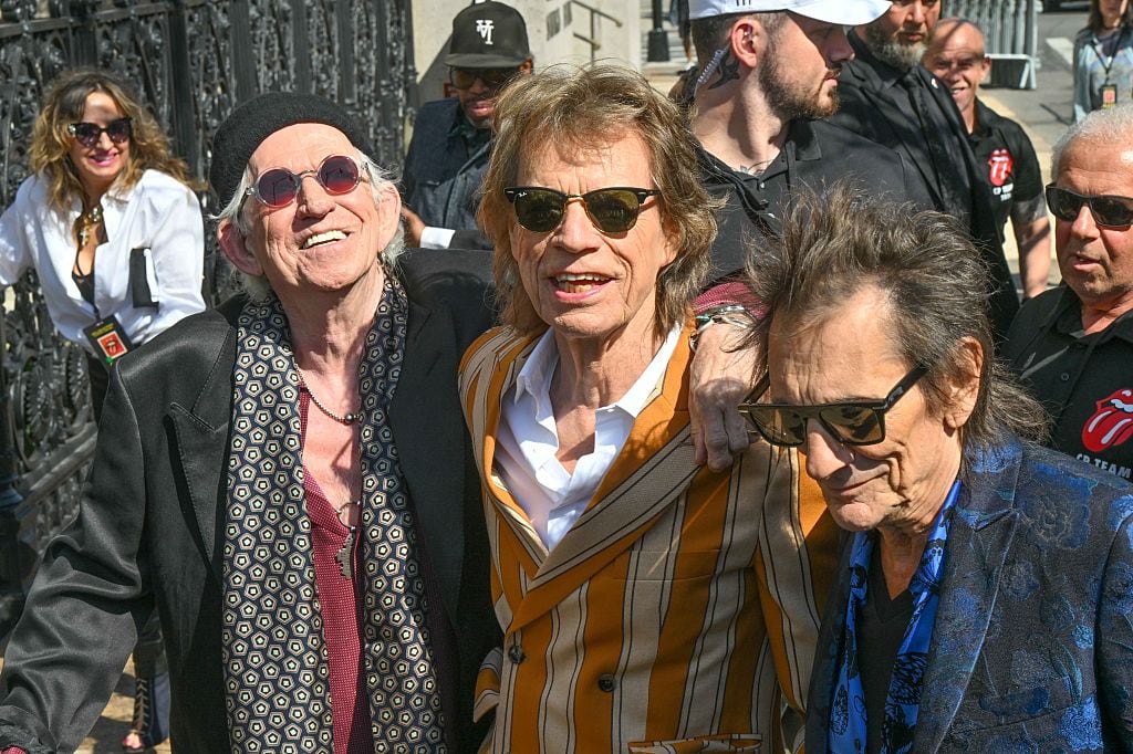 NEW YORK, NEW YORK - MAY 5: Keith Richards, Mick Jagger and Ronnie Wood at The Rolling Stones Album Launch on May 5, 2026 in New York City. (Photo by Adrian Edwards/GC Images)
