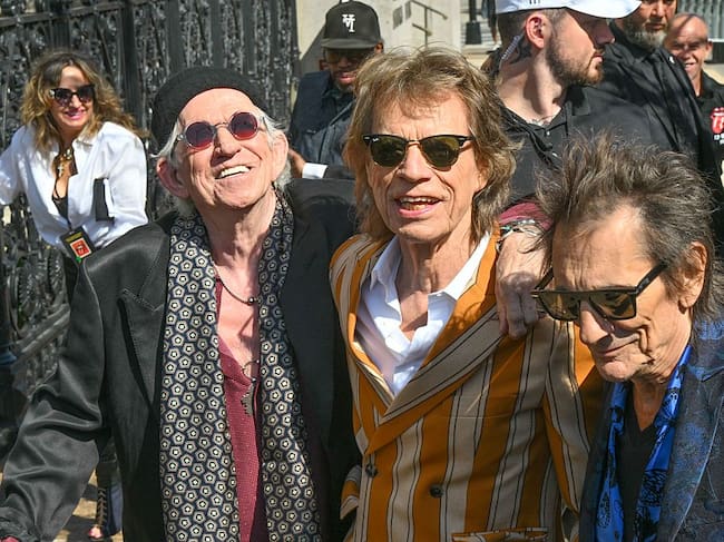 NEW YORK, NEW YORK - MAY 5: Keith Richards, Mick Jagger and Ronnie Wood at The Rolling Stones Album Launch on May 5, 2026 in New York City. (Photo by Adrian Edwards/GC Images)