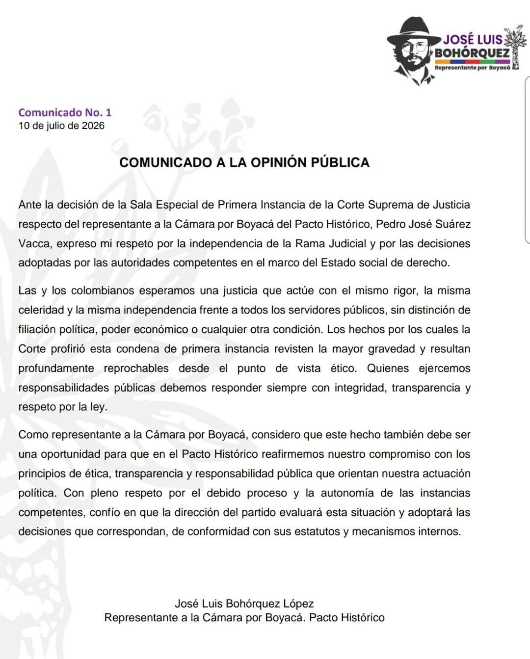 Comunicado a la opinión pública de José Luis Bohórquez López.