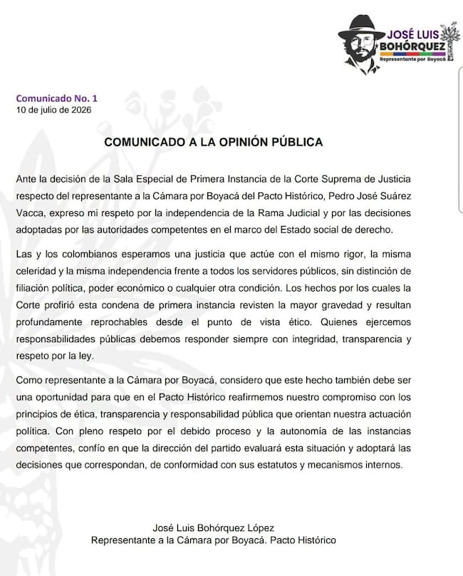 Comunicado a la opinión pública de José Luis Bohórquez López.