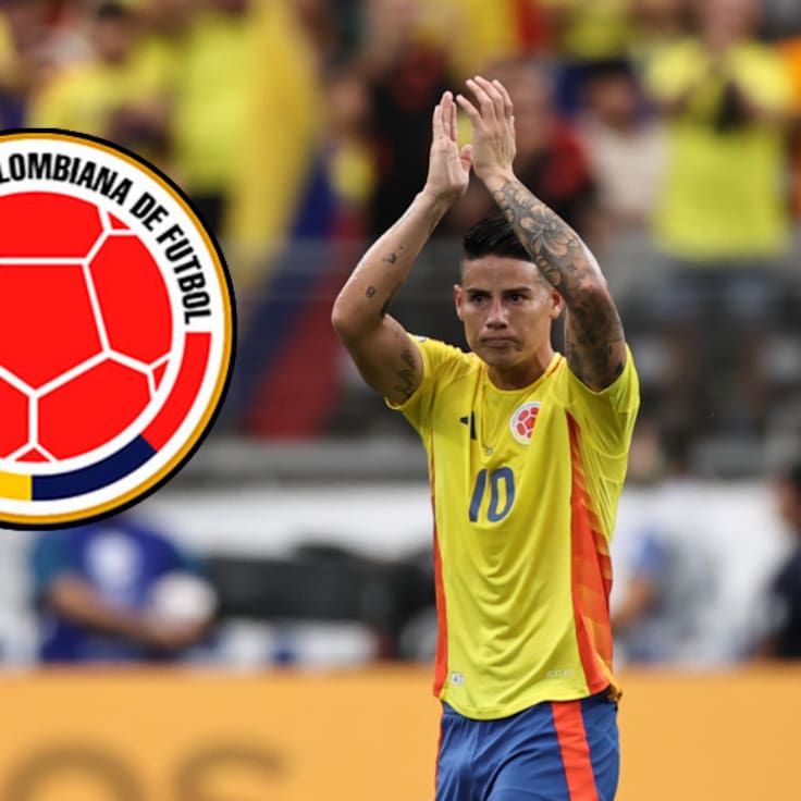 James Rodríguez, jugador de la Selección Colombia y el escudo de la Federación Colombiana de Fútbol (Fotos vía Getty Images y sitio web oficial de la Federación Colombiana de Fútbol)