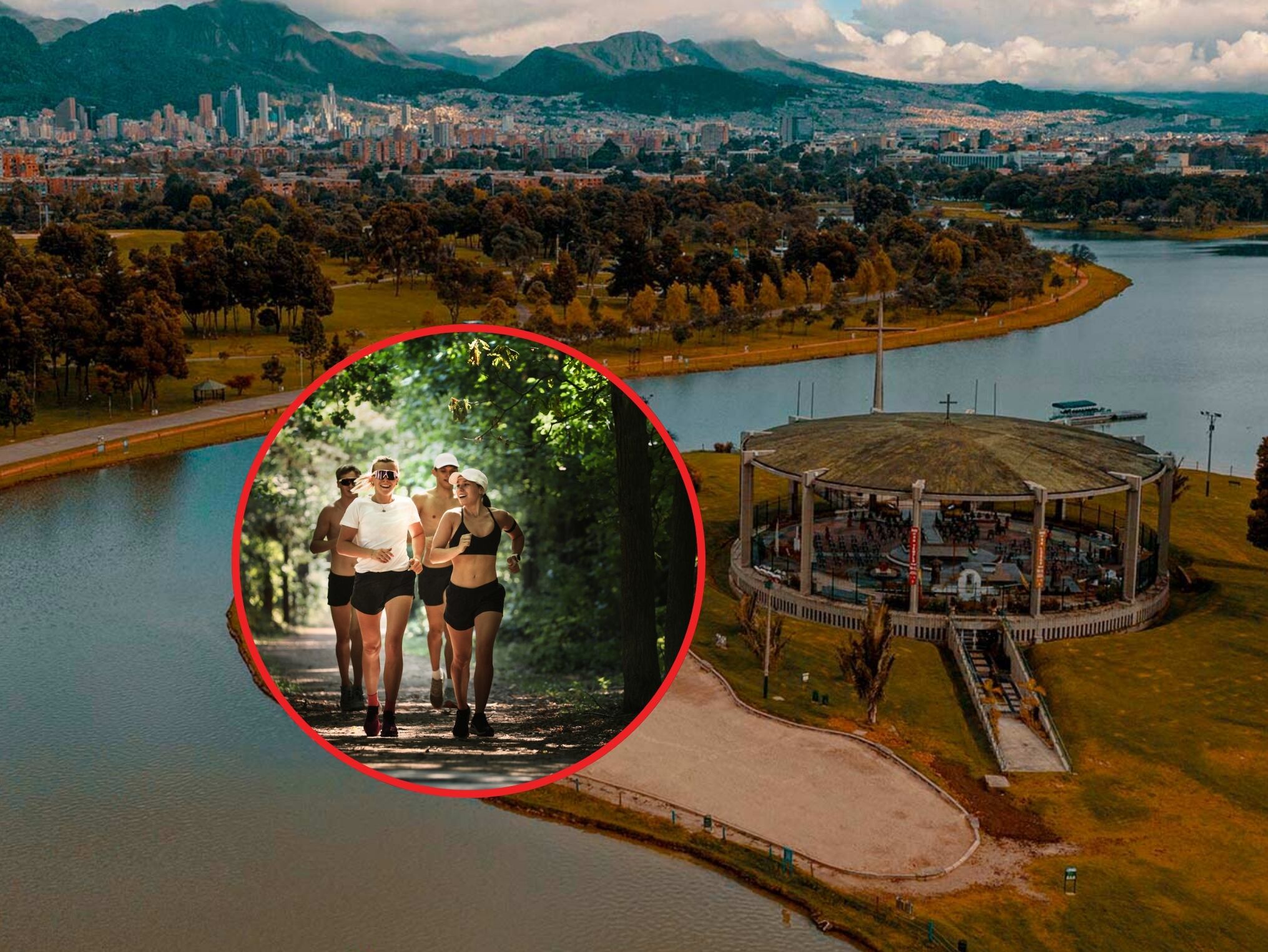De fondo: Parque Simón Bolívar (Crédito: Alcaldía de Bogotá / Visit bogotá) / A la izquierda: Personas corriendo en un entorno ecológico (Crédito: Getty Images)