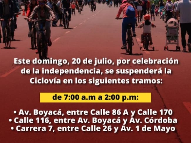 Ciclovía especial en Bogotá por desfile del 20 de julio: estas son las novedades de la jornada
