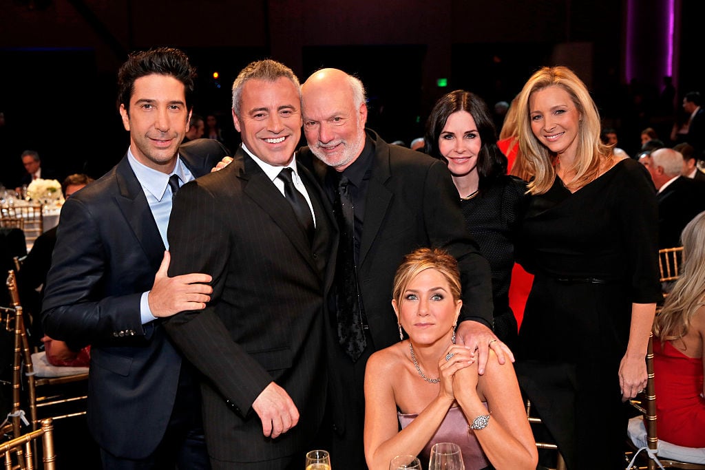 MUST SEE TV: AN ALL-STAR TRIBUTE TO JAMES BURROWS -- Pictured: (l-r) David Schwimmer, Matt LeBlanc, James Burrows, Jennifer Aniston, Courteney Cox, Lisa Kudrow -- (Photo by: Chris Haston/NBCU Photo Bank/NBCUniversal via Getty Images via Getty Images)