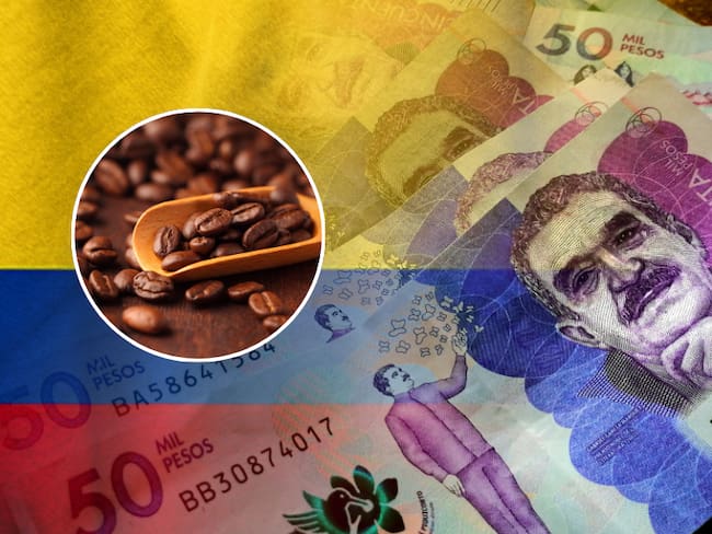 Granos de café y de fondo la bandera y billetes colombianos (Fotos vía Getty Images)
