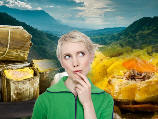 Tamal santandereano, tamal tolimense, persona dudando, paisaje colombiano, imágenes de referencia (Getty Images).
