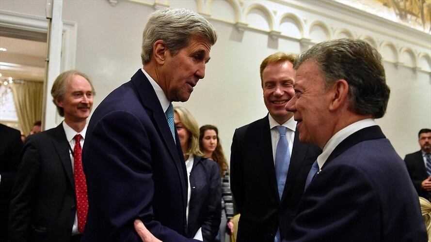 Estados Unidos y Noruega recibieron al presidente Juan Manuel Santos para entregarle las ayudas que recogieron para el desminado en Colombia. Foto: Colprensa - SIG