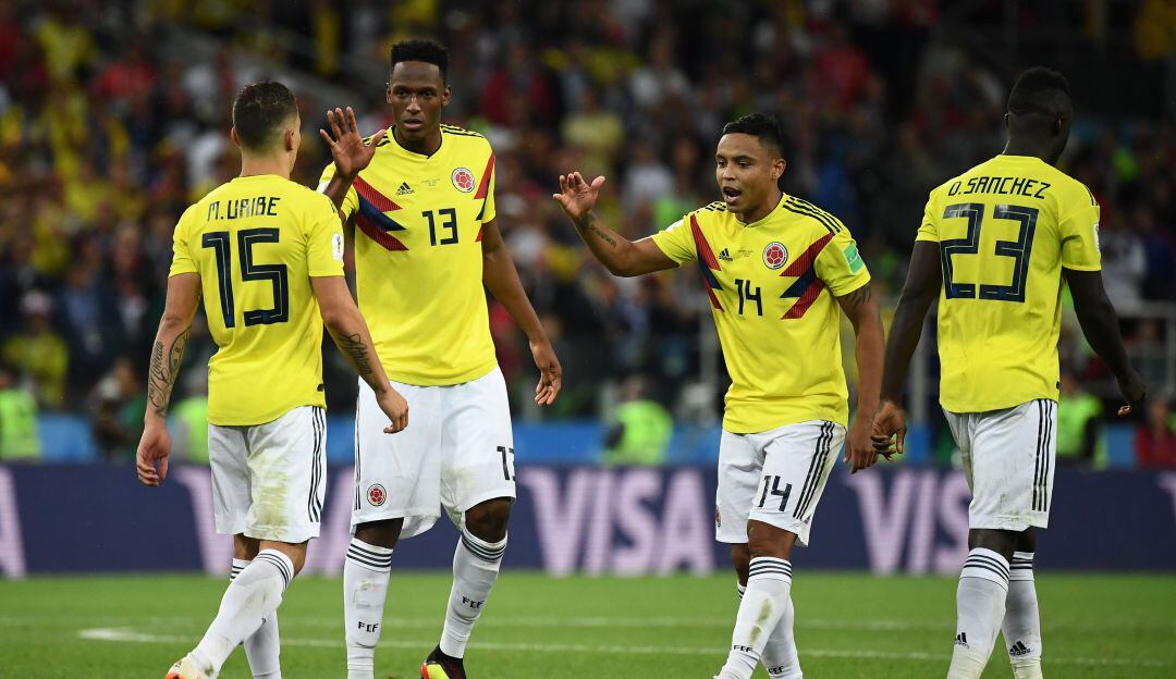 Matheus Uribe, Yerry Mina, Luis Fernando Muriel y Dávinson Sánchez con la Selección Colombia en Mundial de Rusia 2018